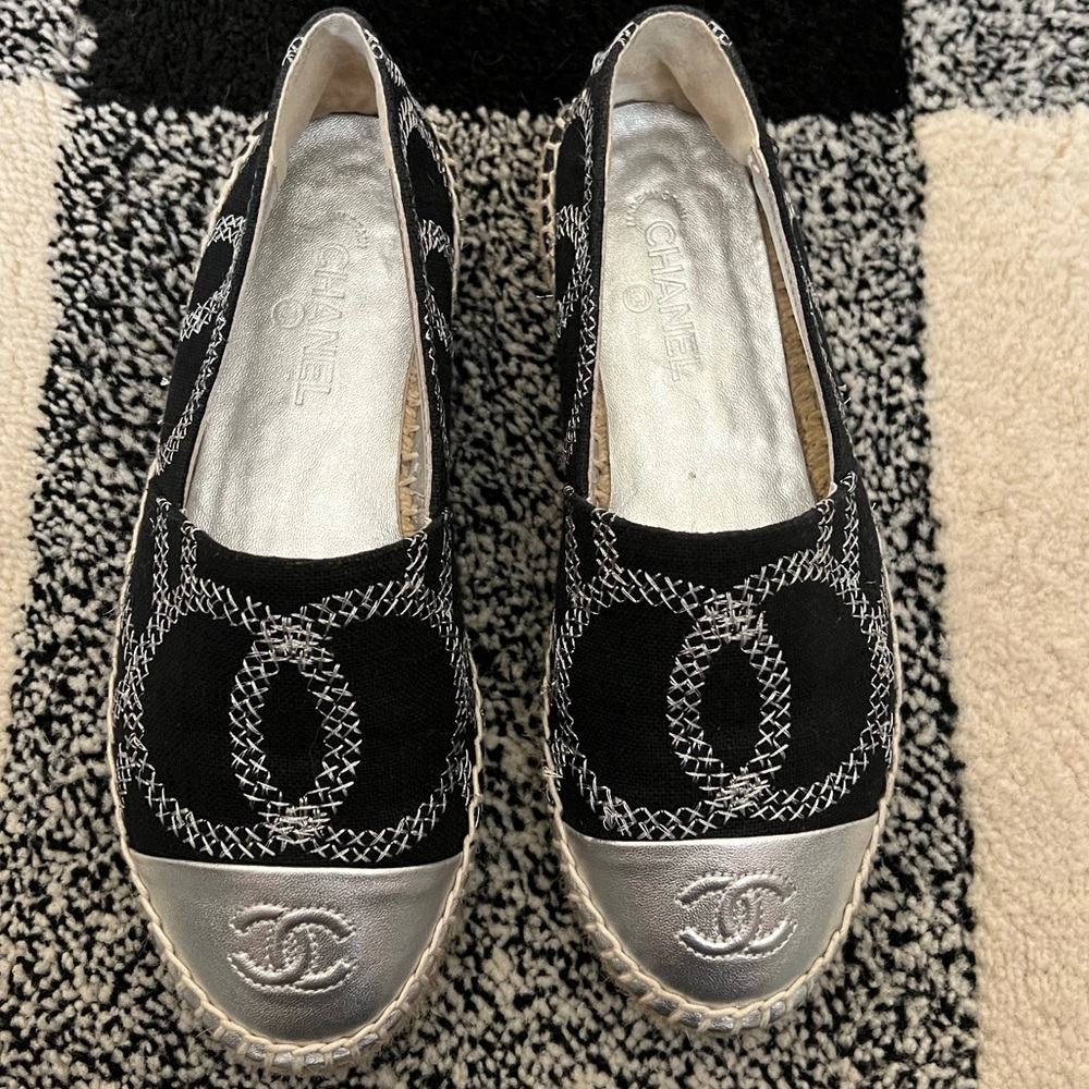 Chanel Black & Silver Tweed Espadrilles 37